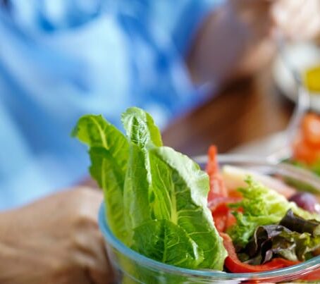 Healthy food on table in front of hospital patient