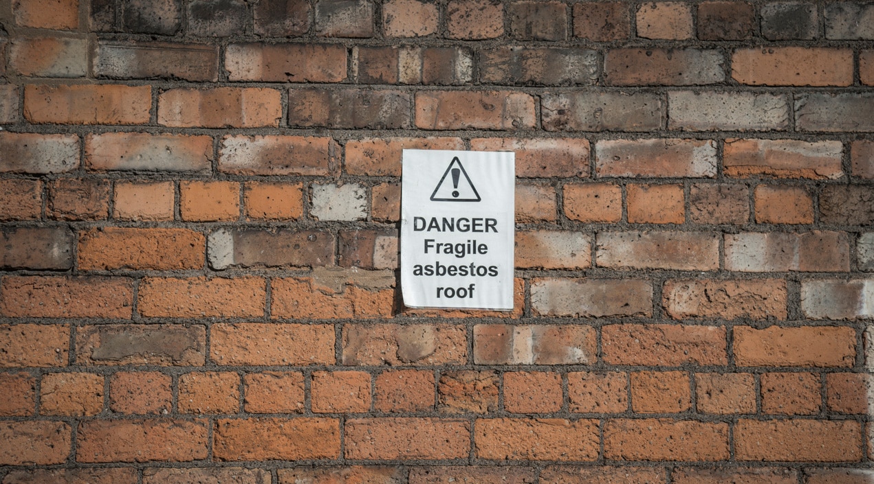 Asbestos sign outside of a school on a faded brick wall.