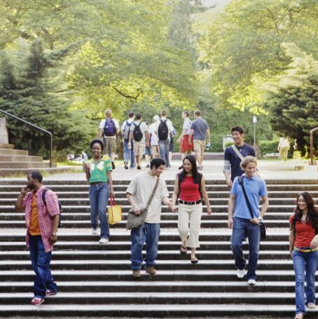 Students walking down campus steps with trees in the background.