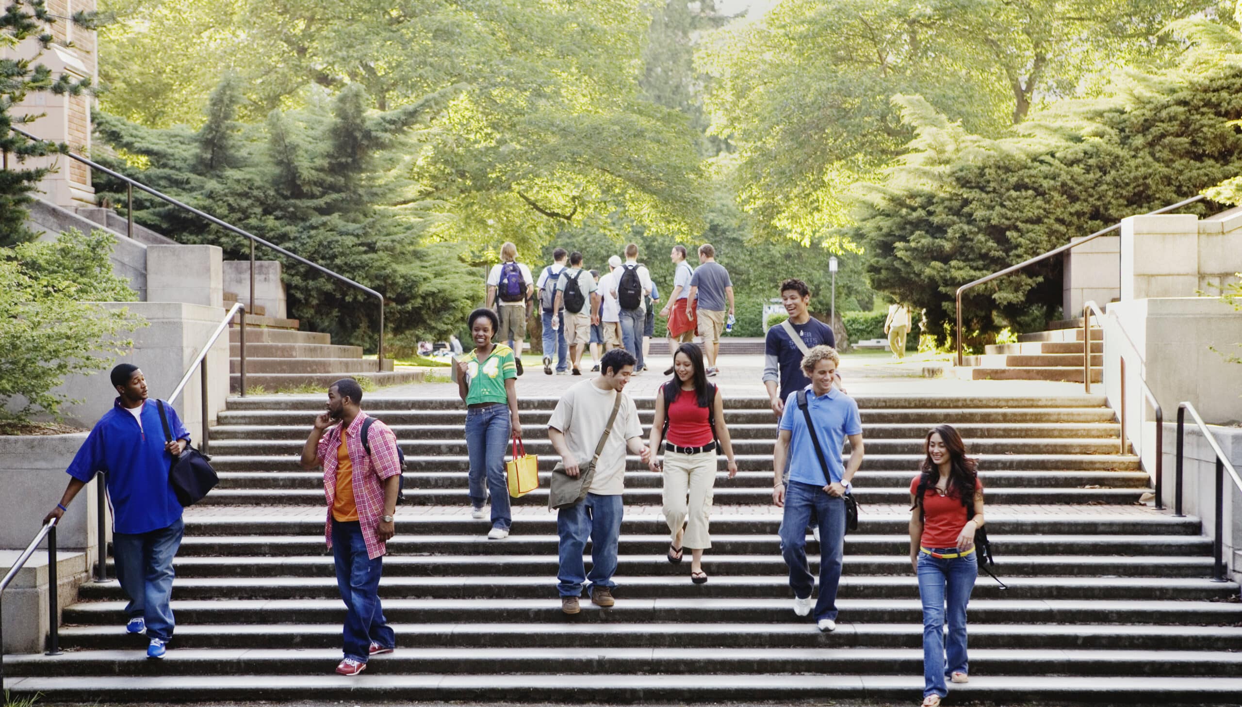 Students walking down campus steps with trees in the background.