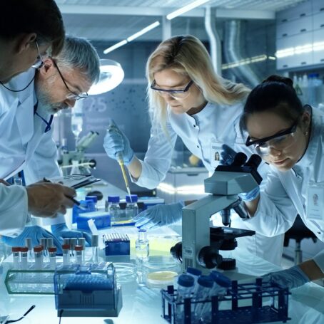 Image of mesothelioma doctors working in lab with microscopes, test tubes, and personal protective equipment.