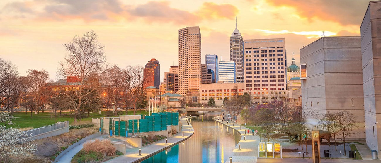 Image of a city view and riverwalk in Indiana