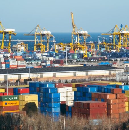 High view image of shipment containers at ship yard.