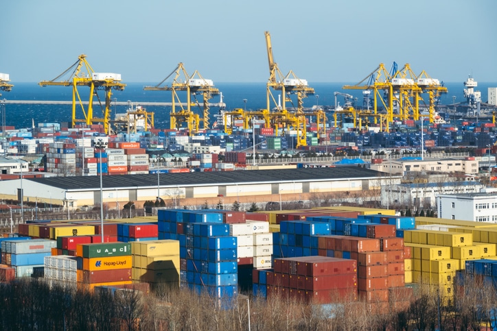 High view image of shipment containers at ship yard.