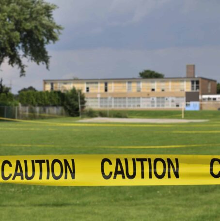 Caution tape in front of a yard and Philadelphia school in response to asbestos exposure.