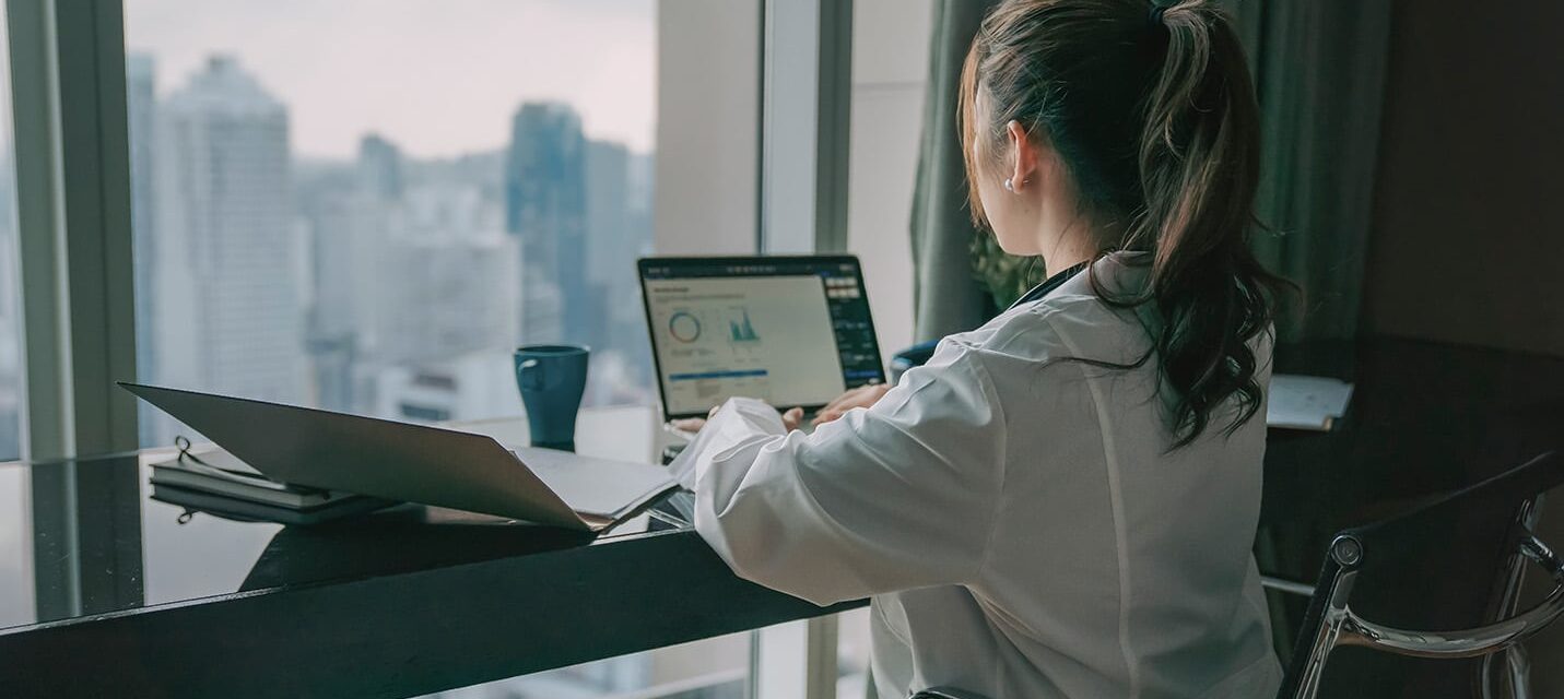 Doctor sits at a desk at Mount Sinai Medical Center in New York City