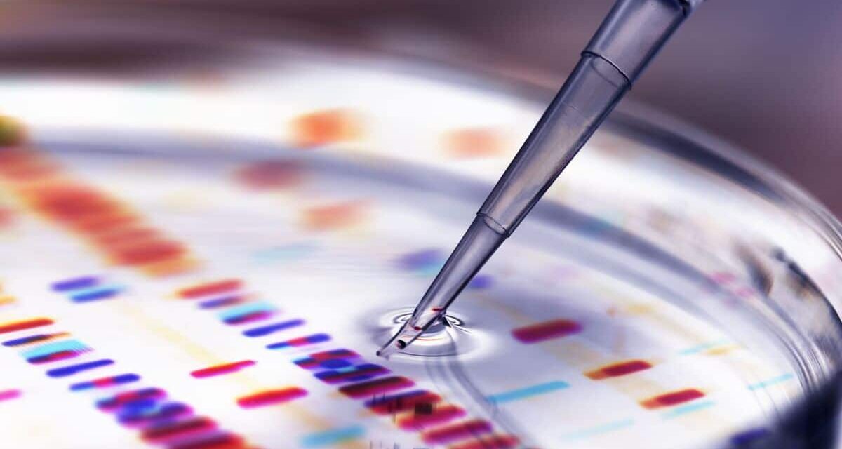 Pipette adding sample to petri dish with DNA profiles in background