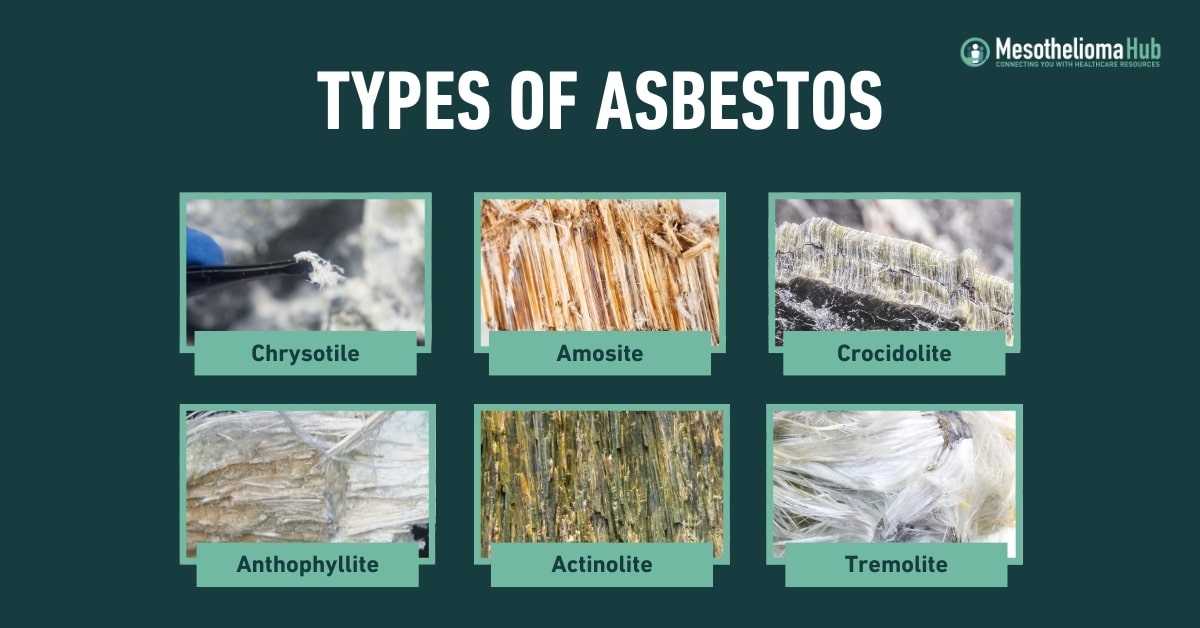 Infographic showing the types of asbestos including: Chrysotile Amosite, Crocidolite, anthophyllite, Actinolite, Tremolite.