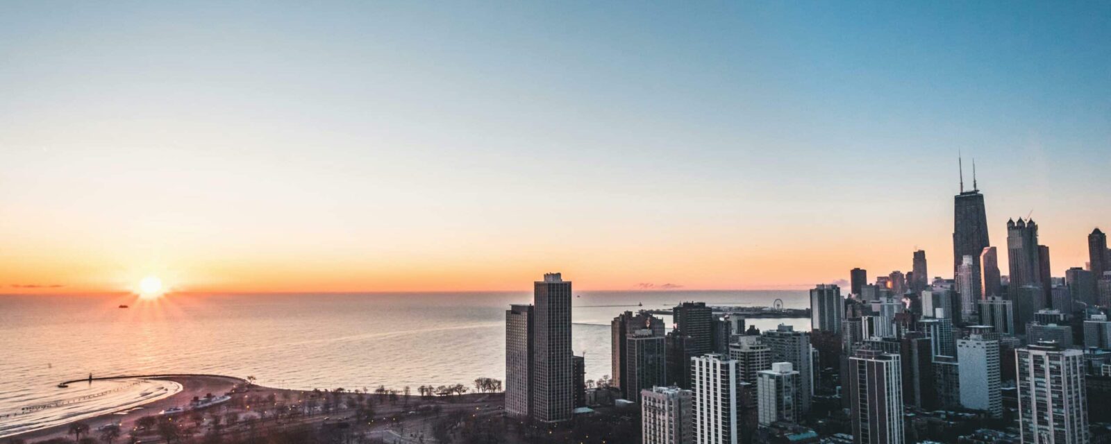 Photograph of Chicago, Illinois skyline at sunset.