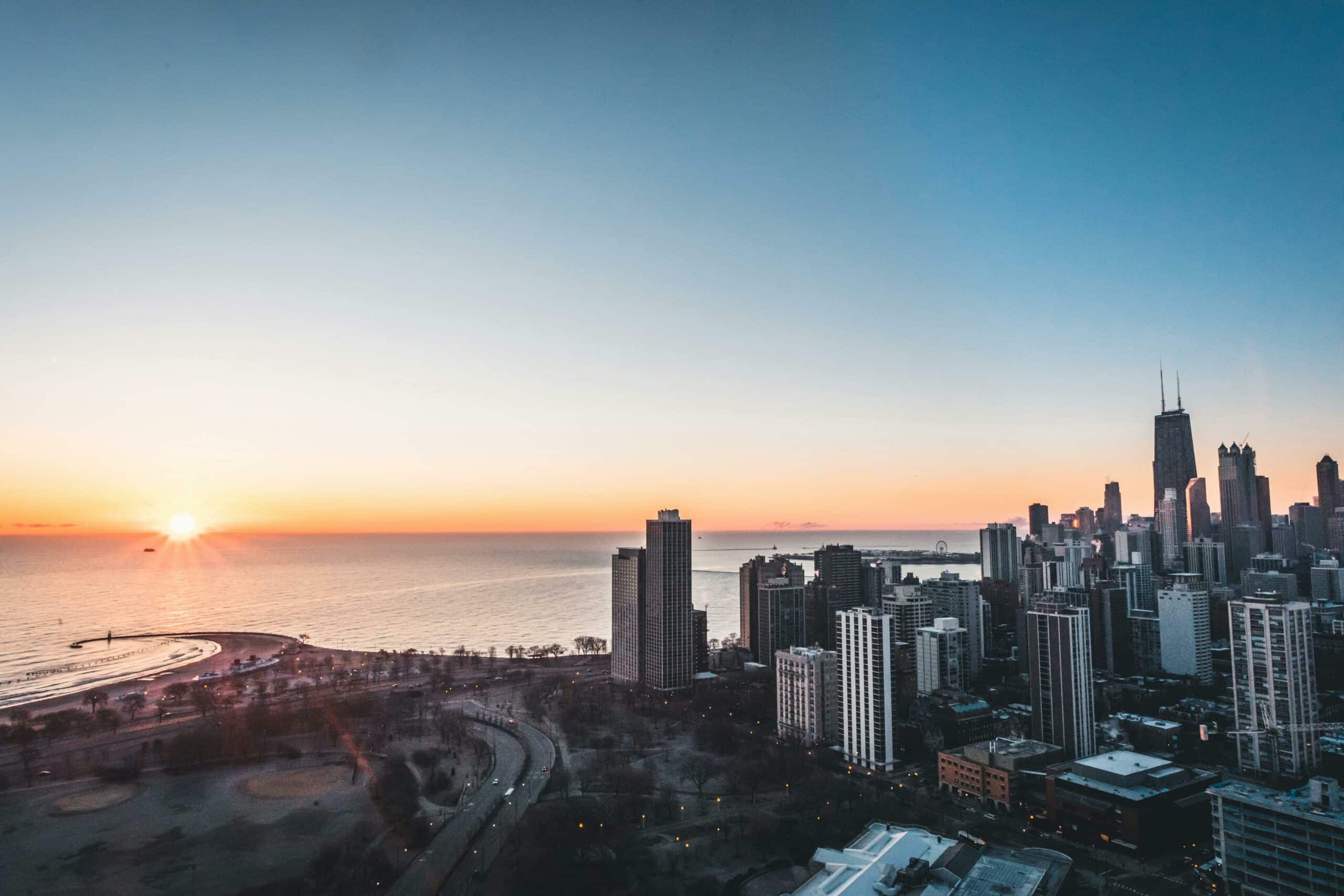 Photograph of Chicago, Illinois skyline at sunset.