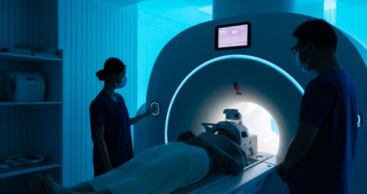 Radiologist getting a patient ready for an MRI mesothelioma test adjusting his position in a dark room.