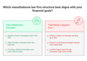 Comparison of early settlement focused mesothelioma law firms versus trial-ready litigation firms and their contingency fee structures.