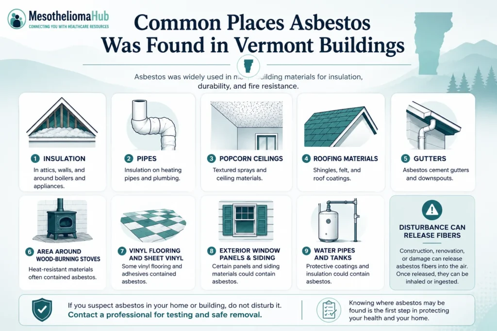 Infographic showing common places asbestos was found in Vermont buildings, including insulation, pipes, popcorn ceilings, roofing materials, gutters, vinyl flooring, siding, and water pipes.