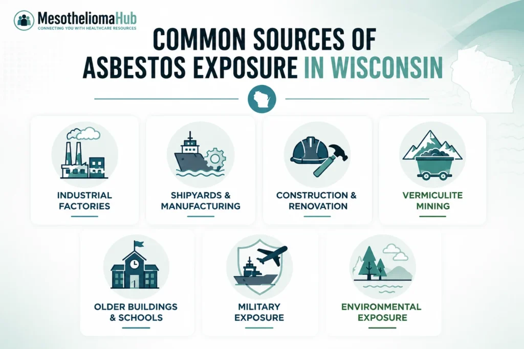 Infographic showing common asbestos exposure sources in Wisconsin, including industrial factories, shipyards, construction sites, mining operations, schools, military facilities, and environmental exposure areas.