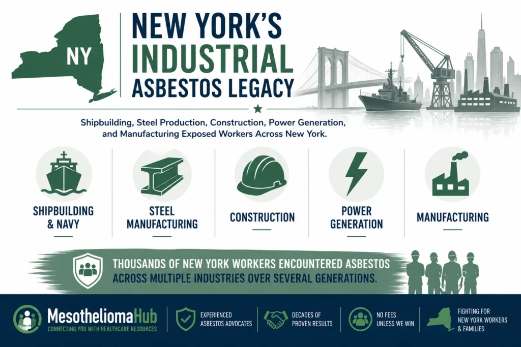 New York asbestos exposure infographic highlighting shipbuilding, steel manufacturing, construction, power generation, and industrial workplaces associated with mesothelioma risk.