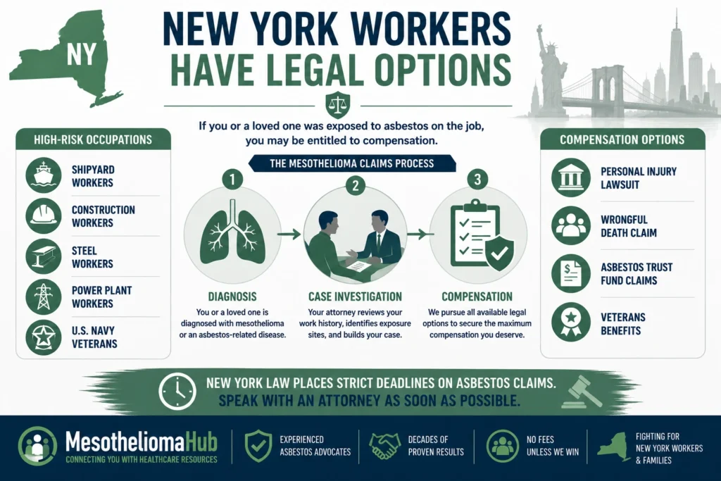 New York workers' legal options after asbestos exposure, including mesothelioma claims and compensation pathways.