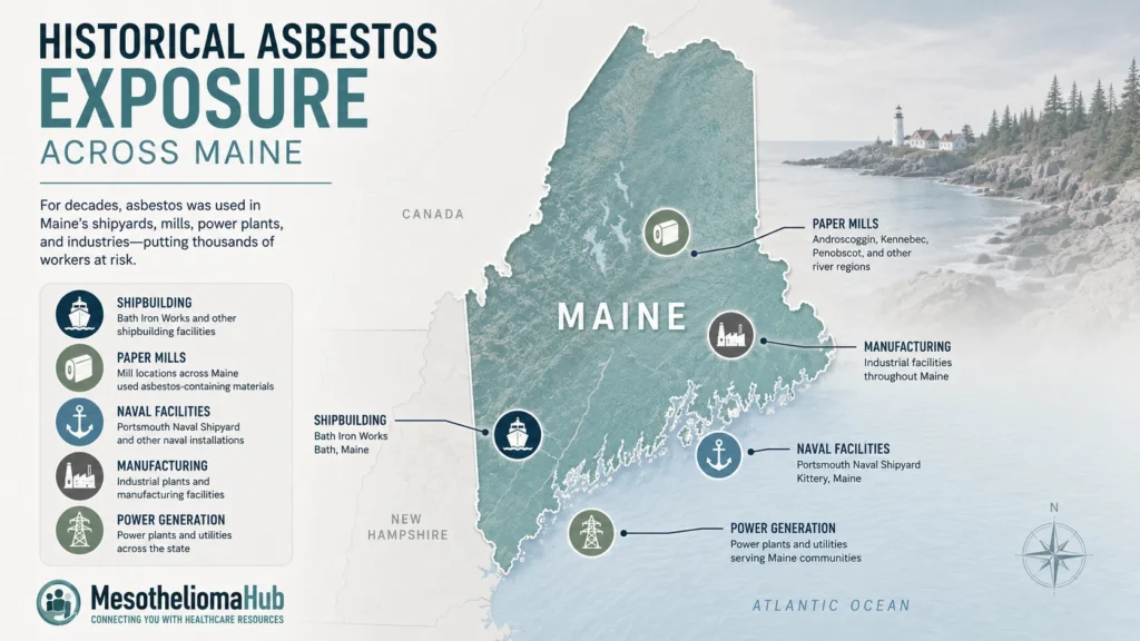 Maine mesothelioma lawyer infographic illustrating historical asbestos exposure locations across Maine, including shipbuilding, paper mills, naval facilities, manufacturing, and power generation industries associated with occupational asbestos exposure.