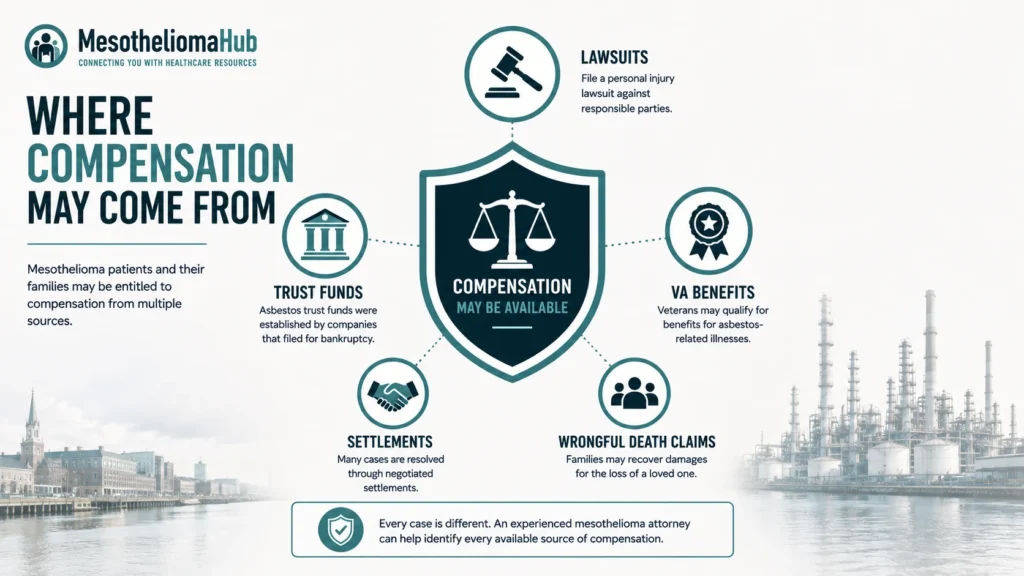 Delaware mesothelioma lawyer infographic illustrating where asbestos compensation may come from, including lawsuits, asbestos trust funds, VA benefits, settlements, and wrongful death claims available to Delaware workers and families.